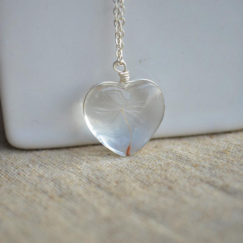 925 Sterling Silver Necklace Heart with Real Dandelion Seed Pendant Necklaces Zareate XDesign Store