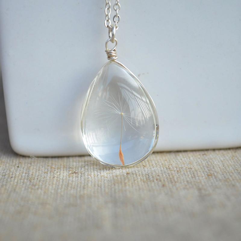 925 Sterling Silver Necklace Water Drop with Real Dandelion Seed Pendant Necklaces Zareate XDesign Store