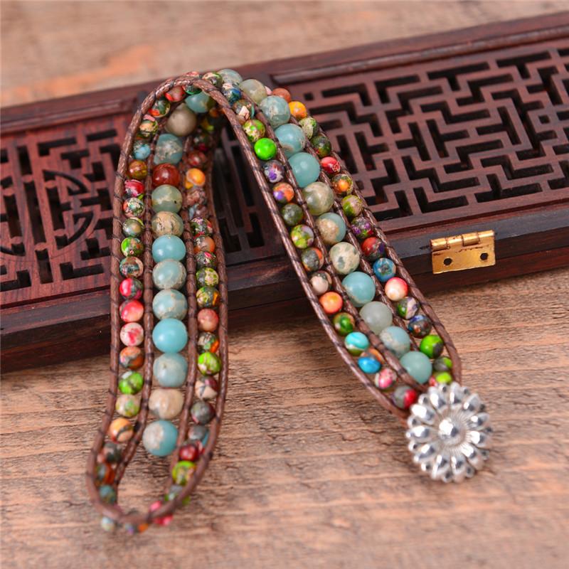Boho Three Layer Jasper and Emperor Stone Leather Wrap Bracelet YGLINE Store