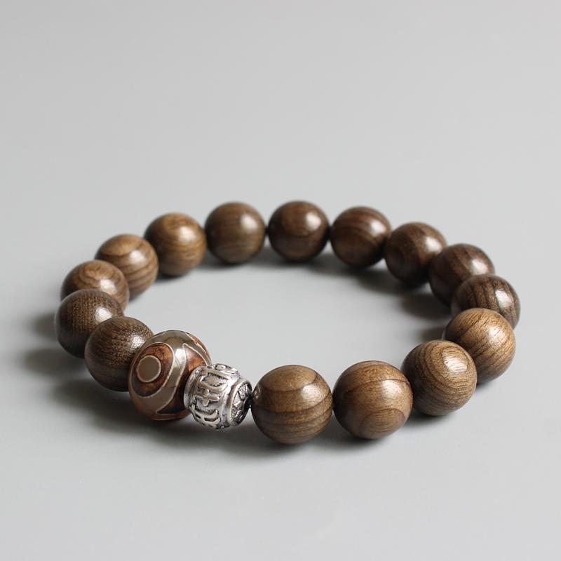 Tibetan Buddhism Natural Wood Bracelet and Six True Word Mantra Amulet Strand Bracelets Eastisan Store 15-16cm