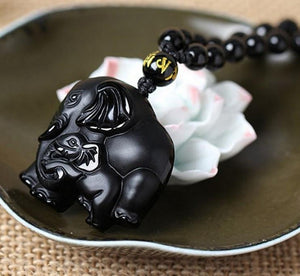 Natural Black Obsidian Carved Mother Elephant Necklace Pendants zenshopworld 
