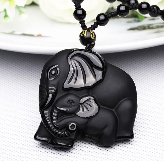 Natural Black Obsidian Carved Mother Elephant Necklace Pendants zenshopworld Default Title