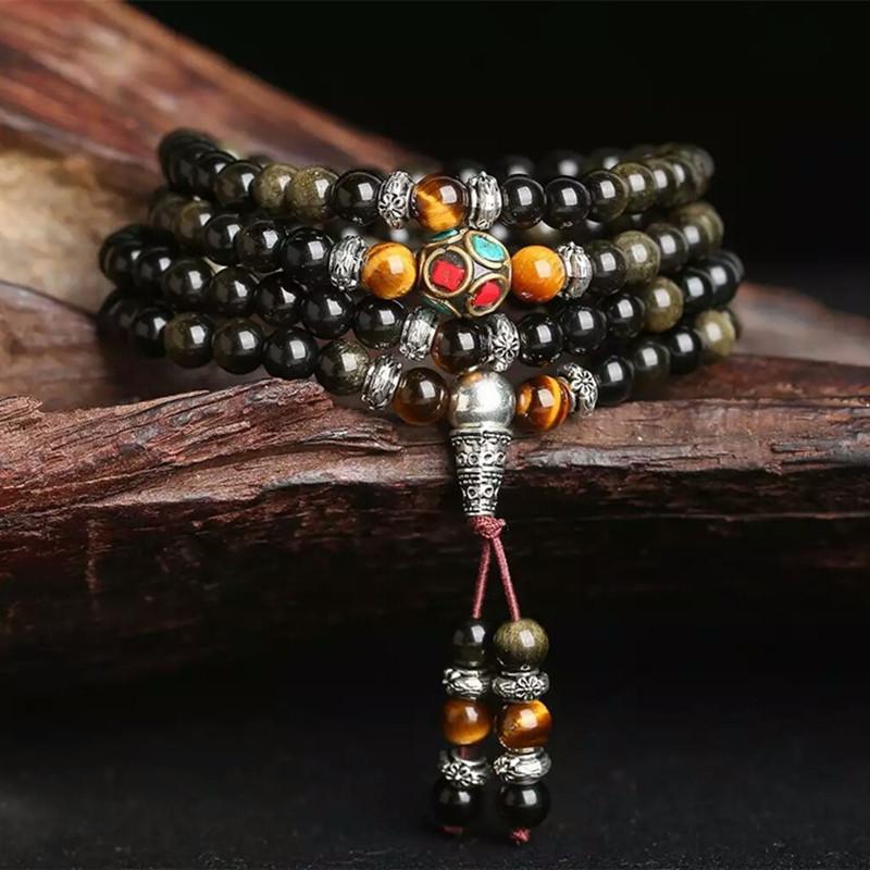 Natural Gold Obsidian Tiger Eye Mala Strand Bracelets Cheng Pin Wo Store