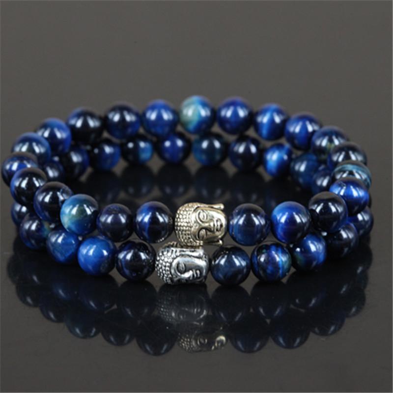 2pcs Natural Blue Tiger Eye Buddha Head Bracelets Strand Bracelets Free Zone Trend
