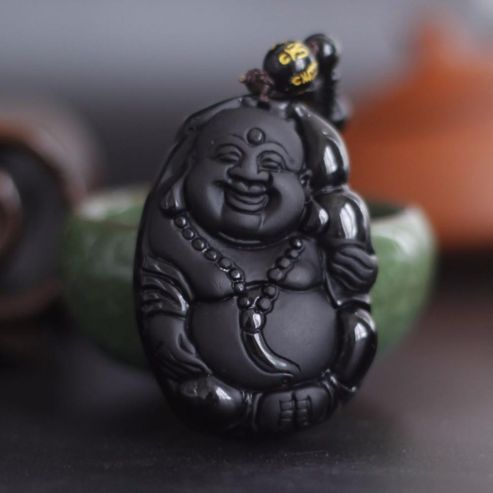 Natural Black Obsidian Carved Laughing Buddha Necklace Pendants JINJIAHUI FOREIGN TRADE CO.,LTD