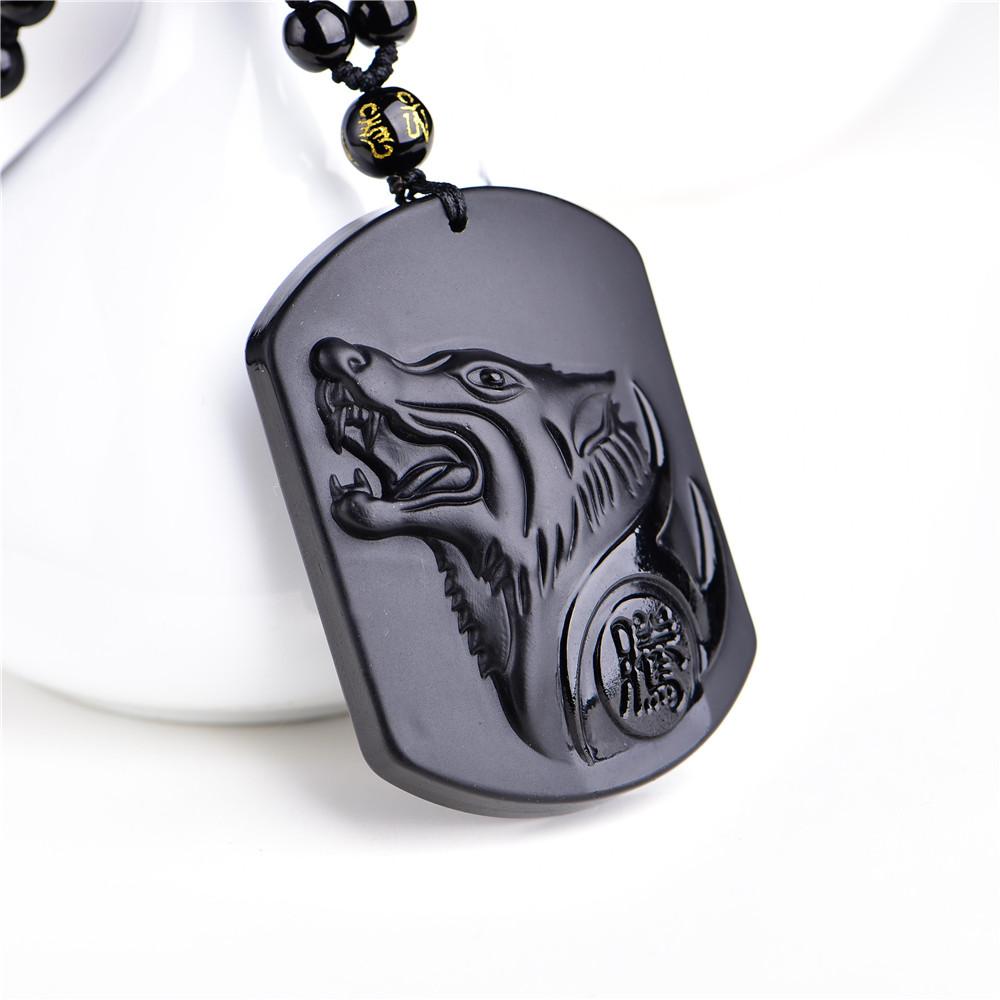 Natural Black Obsidian Wolf Head Amulet Pendants LYGLICUN Store