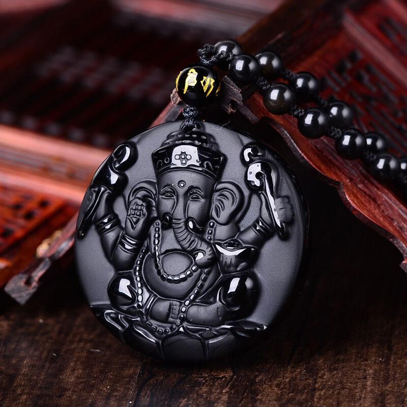 Natural Obsidian Ganesh Lucky Elephant Pendant LOVE WARM STORE