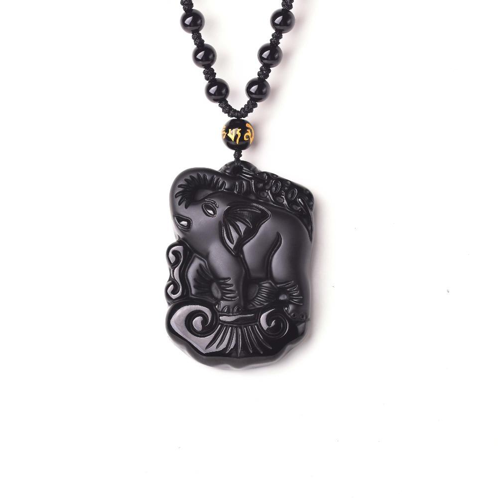 Lucky Trunk Up Natural Black Obsidian Elephant Pendant Pendants LYGLICUN Store