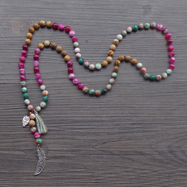 Mixed 8MM Natural Stone Bead with Leaf / Owl Tassel Necklace Pendant Necklaces Xin Xin Fashion JEWELRY