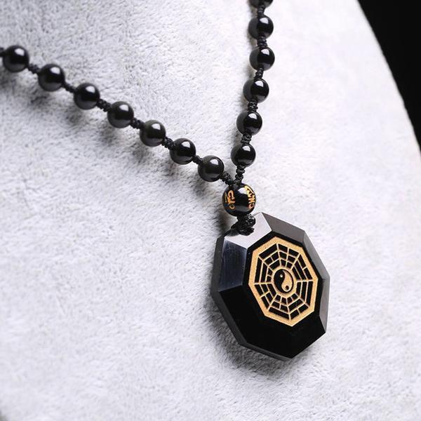 Natural Obsidian Stone Bagua Map Pendant Necklace Pendants Cheng Pin Wo Store