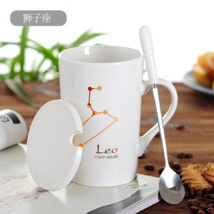 Zodiac Constellation Mug with Stainless Spoon Mugs LanBeiJia Official Store Leo White 