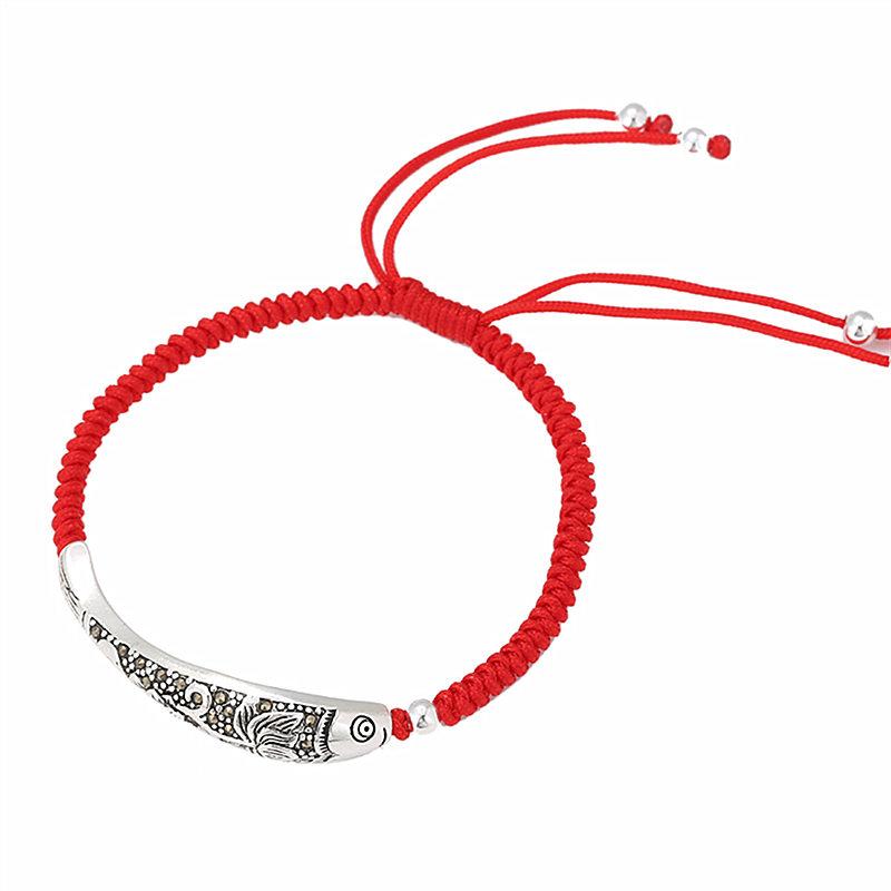925 Sterling Silver Fish Lucky Rope Bracelet Charm Bracelets TERRECE Store Red 