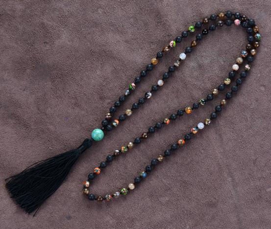 6MM Lava Stone and Onyx Beaded Tassel Necklace Pendant Necklaces SUKI FASHION JEWELRY 
