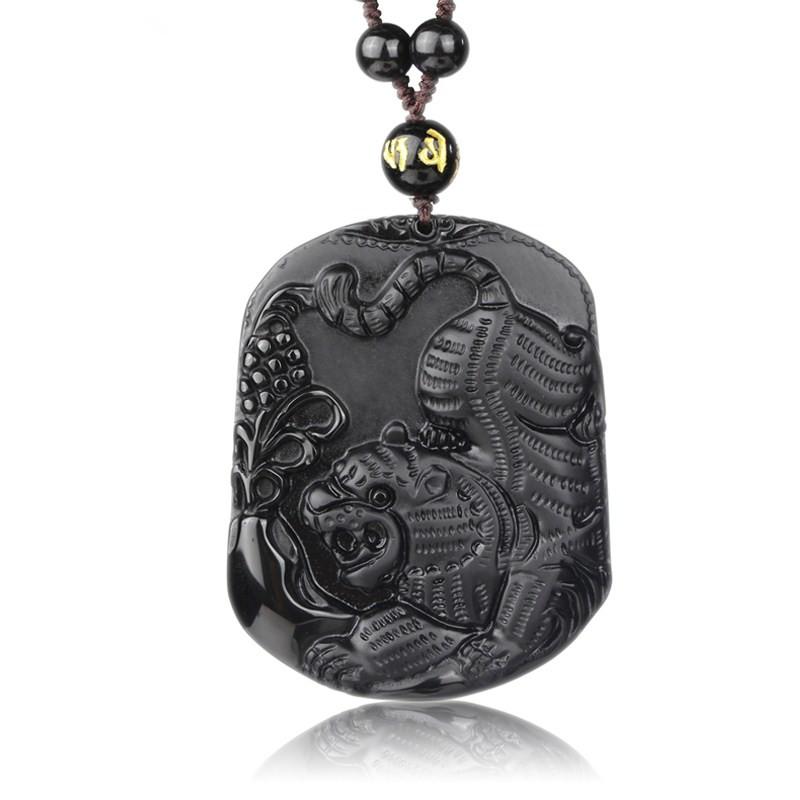 Natural Black Obsidian Carved Chinese Tiger Lucky Amulet Pendant lisa li Store 