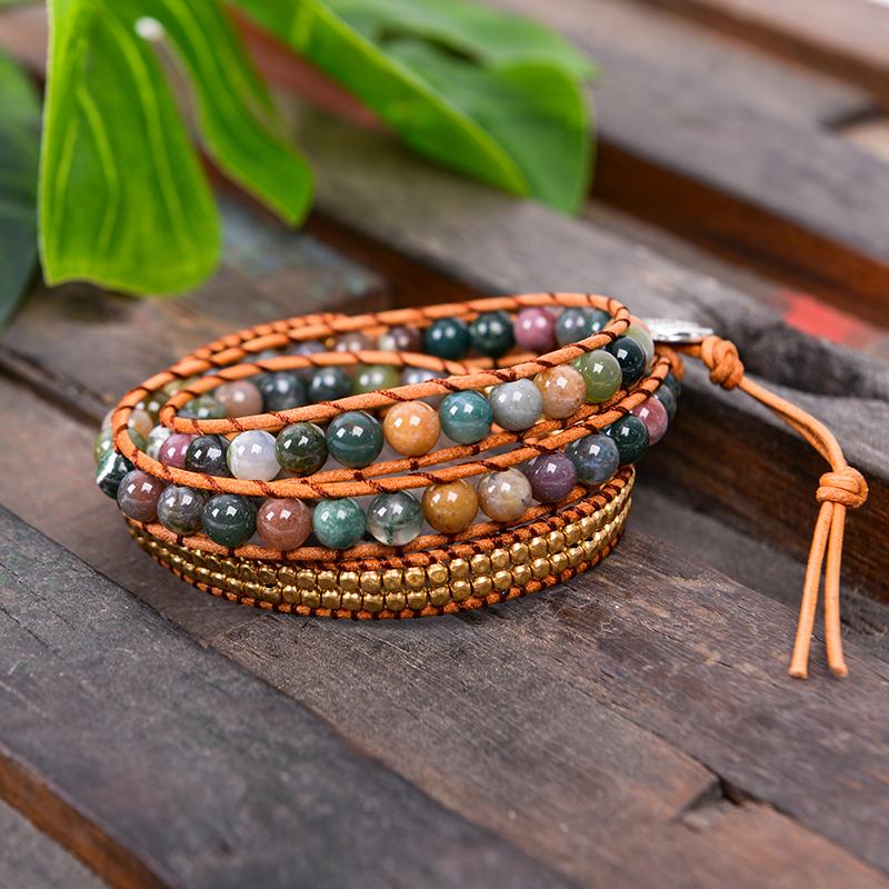 Triple Layer Natural Agate Leather Wrap Bracelet YGLINE Store 
