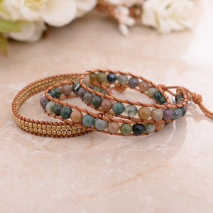 Triple Layer Natural Agate Leather Wrap Bracelet YGLINE Store 