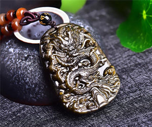 Obsidian Stone Dark Gold Dragon Pendant Necklace Pendants MorningAgent Jewelry Store 