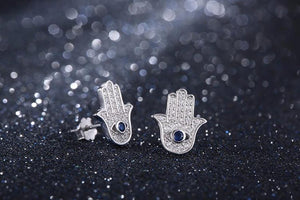 925 Sterling Silver Blue Evil Eye Hamsa Hand Stud Earrings BELAWANG Official Store 