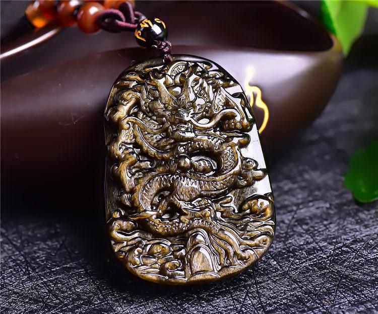 Obsidian Stone Dark Gold Dragon Pendant Necklace Pendants MorningAgent Jewelry Store 