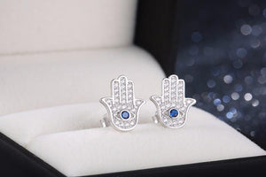 925 Sterling Silver Blue Evil Eye Hamsa Hand Stud Earrings BELAWANG Official Store 