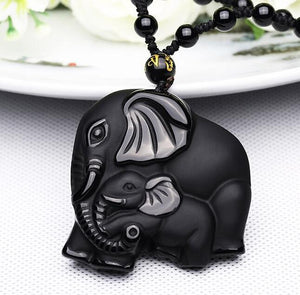 Natural Black Obsidian Carved Mother Elephant Necklace Pendants zenshopworld Default Title 