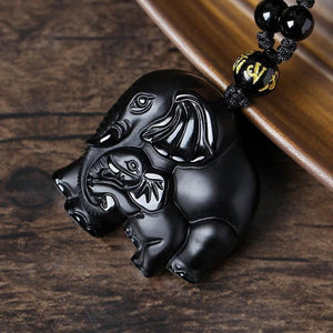 Natural Black Obsidian Carved Mother Elephant Necklace Pendants zenshopworld 