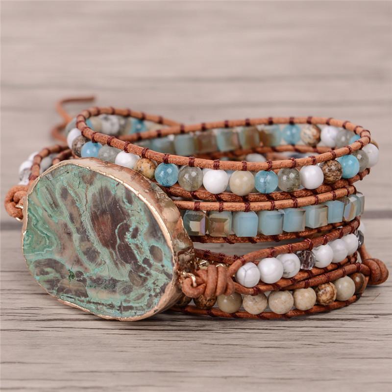 5 Layer Turquoise Jasper Stone Leather Wrap Bracelet YGLINE Store 