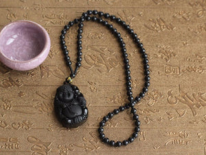 Natural Black Obsidian Carved Laughing Buddha Necklace Pendants JINJIAHUI FOREIGN TRADE CO.,LTD 
