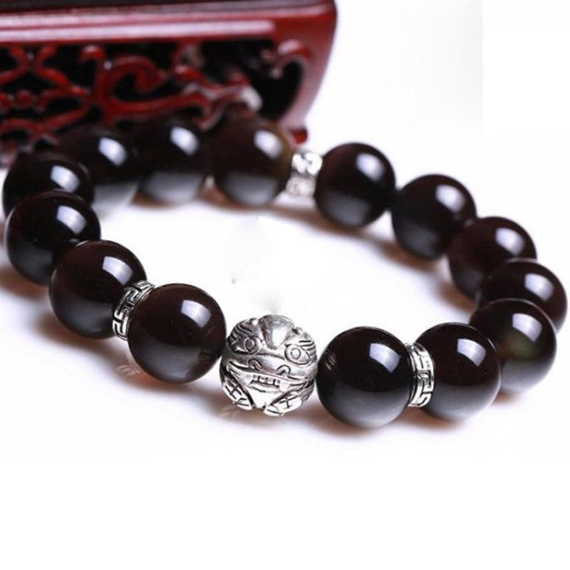 Natural Obsidian Beads Charms 925 Sterling Silver Bracelet Strand Bracelets GQTorch Jewelry Store 