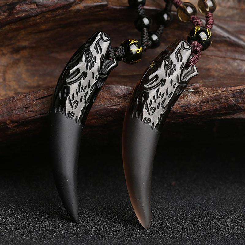 Natural Black And Ice Obsidian Wolf Tooth Amulet Necklace GQTorch Jewelry Store 