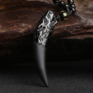 Natural Black And Ice Obsidian Wolf Tooth Amulet Necklace GQTorch Jewelry Store 
