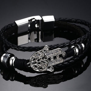 Black Braided Leather Bracelet Hand of Fatima and Evil Eye Charm Bracelets VNOX official store 
