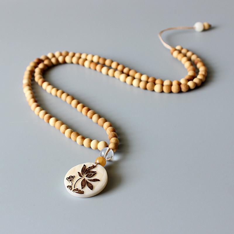 Natural Wood Mala with Lotus Flower Necklaces & Pendants Eastisan Store 