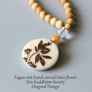 Natural Wood Mala with Lotus Flower Necklaces & Pendants Eastisan Store 