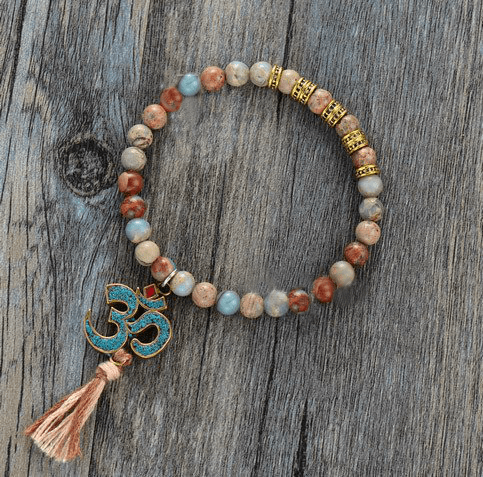 Tibetan Om Natural Stone Mala Bracelet Strand Bracelets SUKI FASHION JEWELRY Aqua Jasper 