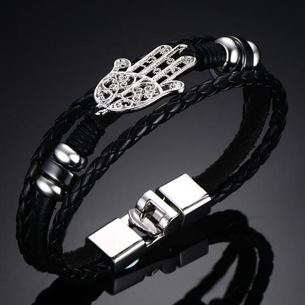 Black Braided Leather Bracelet Hand of Fatima and Evil Eye Charm Bracelets VNOX official store 
