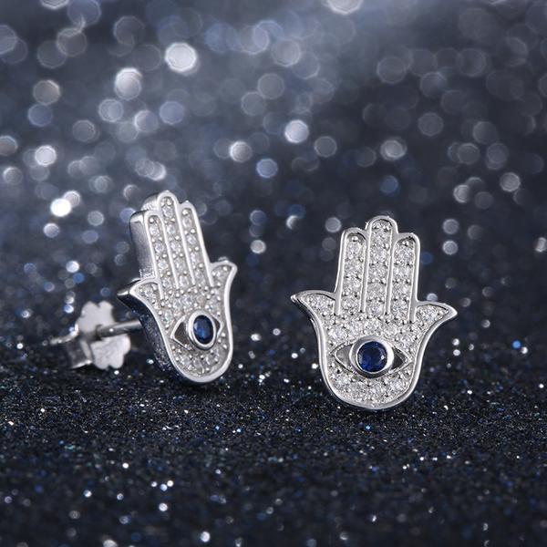 925 Sterling Silver Blue Evil Eye Hamsa Hand Stud Earrings BELAWANG Official Store 