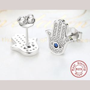 925 Sterling Silver Blue Evil Eye Hamsa Hand Stud Earrings BELAWANG Official Store 