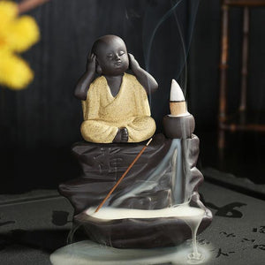 Praying little Buddha Back flow Incense Burner TINYPRICE Store Yellow Monk 