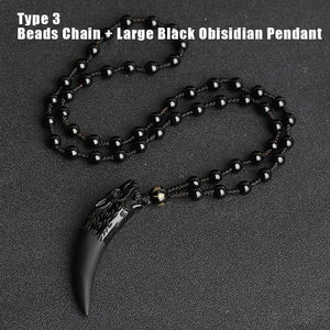 Natural Black And Ice Obsidian Wolf Tooth Amulet Necklace GQTorch Jewelry Store Large Black Chain 