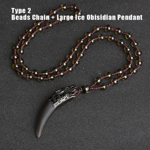 Natural Black And Ice Obsidian Wolf Tooth Amulet Necklace GQTorch Jewelry Store Large Ice Chain 