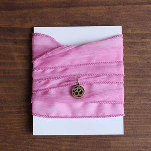 Tibetan Buddhism Handmade Lucky Sari Ribbon Wrap Bracelet with Om Charm Wrap Bracelets Eastisan Store Pink 