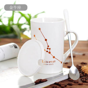 Zodiac Constellation Mug with Stainless Spoon Mugs LanBeiJia Official Store Taurus White 