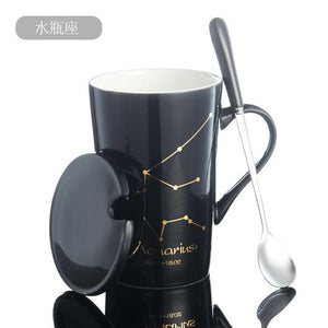 Zodiac Constellation Mug with Stainless Spoon Mugs LanBeiJia Official Store Aquarius Black 