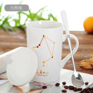 Zodiac Constellation Mug with Stainless Spoon Mugs LanBeiJia Official Store Libra White 