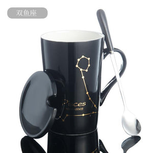 Zodiac Constellation Mug with Stainless Spoon Mugs LanBeiJia Official Store Pisces Black 