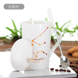 Zodiac Constellation Mug with Stainless Spoon Mugs LanBeiJia Official Store Aquarius White 
