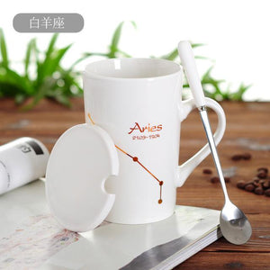 Zodiac Constellation Mug with Stainless Spoon Mugs LanBeiJia Official Store Aries White 