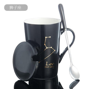 Zodiac Constellation Mug with Stainless Spoon Mugs LanBeiJia Official Store Leo Black 