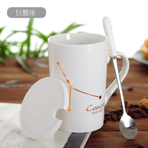 Zodiac Constellation Mug with Stainless Spoon Mugs LanBeiJia Official Store Cancer White 